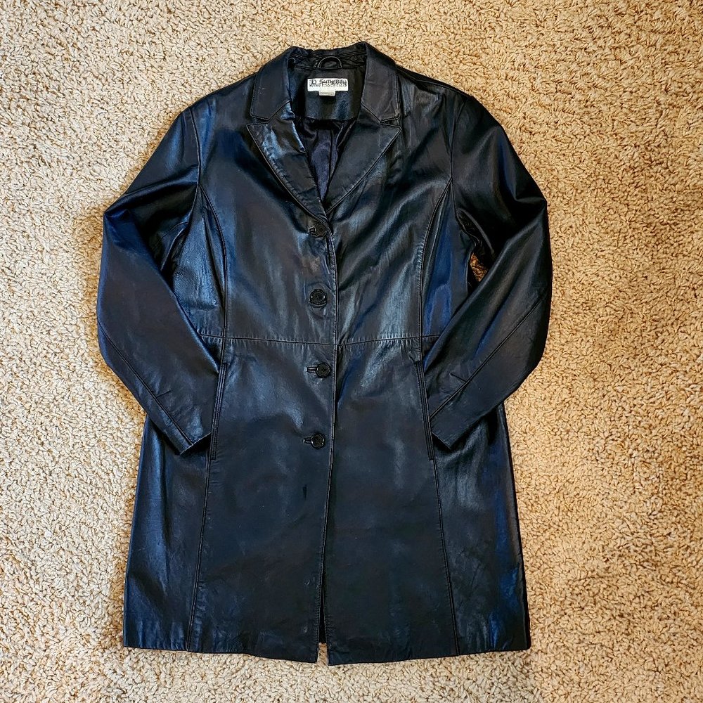 Vintage Retro Black Lambskin Leather Button Front Mid Length Coat Jacket XL